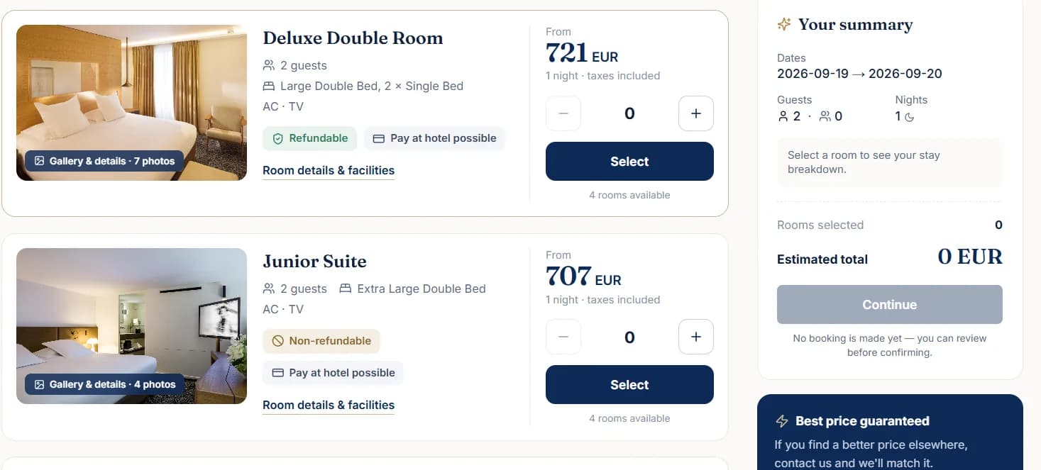 Selection step: two rooms with nightly price, cancellation terms, pay-at-hotel option and stay summary.