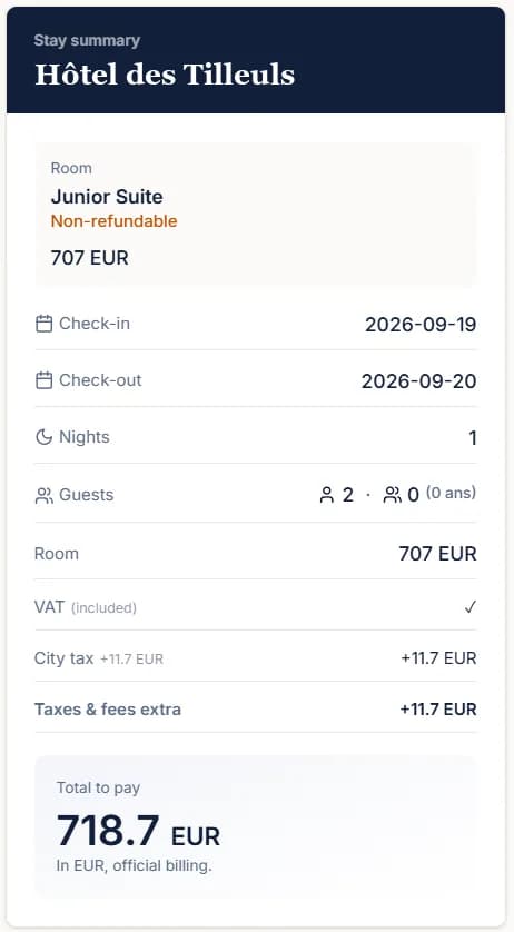 Stay summary: room, dates, number of nights, guests, VAT included, city tax itemised and total to pay.