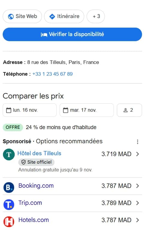 Google panel: the hotel's official site at 3,719 MAD, below Booking.com and Hotels.com at 3,787 MAD and Trip.com at 3,789 MAD.