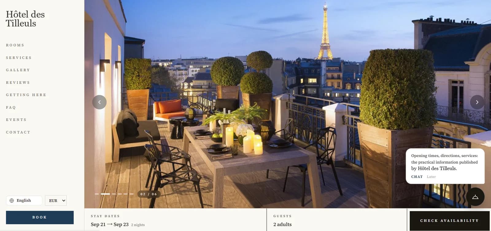 Home page of an AtlasResa hotel website: navigation, photo carousel, language and currency switchers, booking bar and conversation agent.